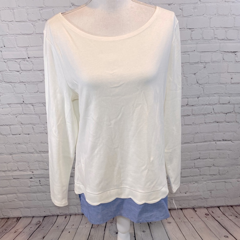 TALBOTS Long Sleeve T-Shirt 100% Cotton White/Blue-Large